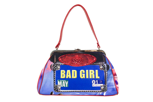 Isabella Fiore "Bad Girl" rhinestones license plate all over print metal clasp bag / Made in Italy