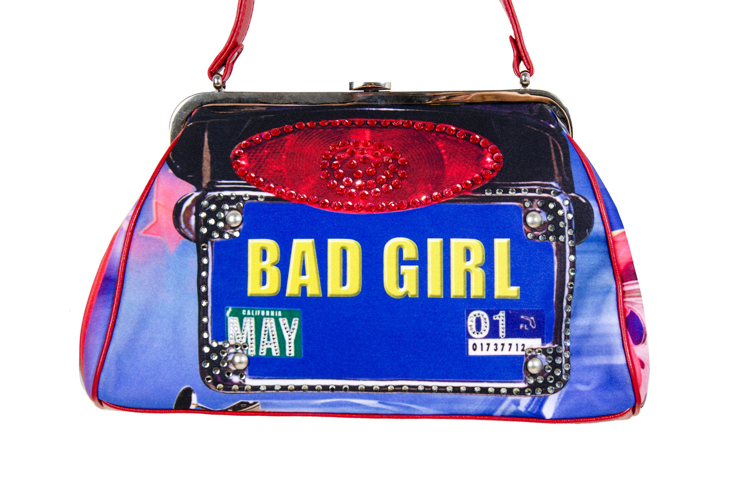 Isabella Fiore "Bad Girl" rhinestones license plate all over print metal clasp bag / Made in Italy