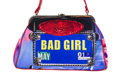 Isabella Fiore "Bad Girl" rhinestones license plate all over print metal clasp bag / Made in Italy
