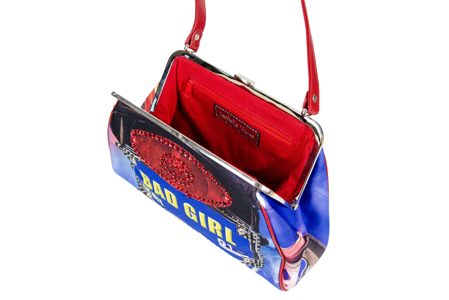 Isabella Fiore "Bad Girl" rhinestones license plate all over print metal clasp bag / Made in Italy