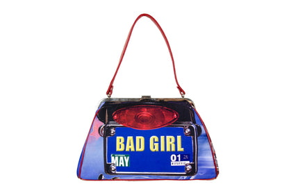 Isabella Fiore "Bad Girl" rhinestones license plate all over print metal clasp bag / Made in Italy