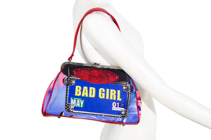 Isabella Fiore "Bad Girl" rhinestones license plate all over print metal clasp bag / Made in Italy