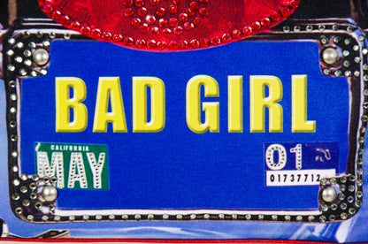 Isabella Fiore "Bad Girl" rhinestones license plate all over print metal clasp bag / Made in Italy