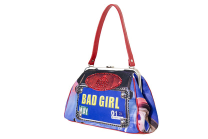 Isabella Fiore "Bad Girl" rhinestones license plate all over print metal clasp bag / Made in Italy