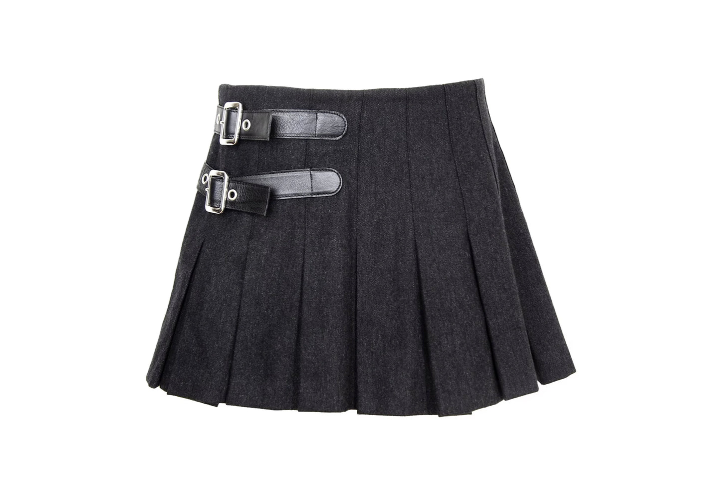 90s Dolce & Gabbana charcoal grey wool mini pleated skirt / Black leather buckles dark grey woolen over the knee skirt / Made in Italy