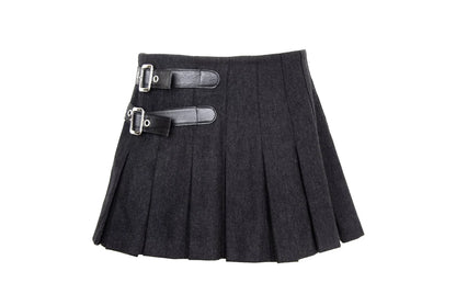 90s Dolce & Gabbana charcoal grey wool mini pleated skirt / Black leather buckles dark grey woolen over the knee skirt / Made in Italy