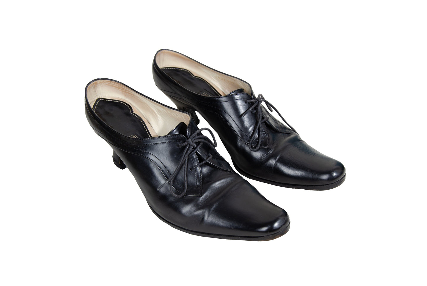 90s Dries Van Noten black leather Louis XV kitten heels lace up derbie mules / EU 40