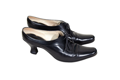 90s Dries Van Noten black leather Louis XV kitten heels lace up derbie mules / EU 40