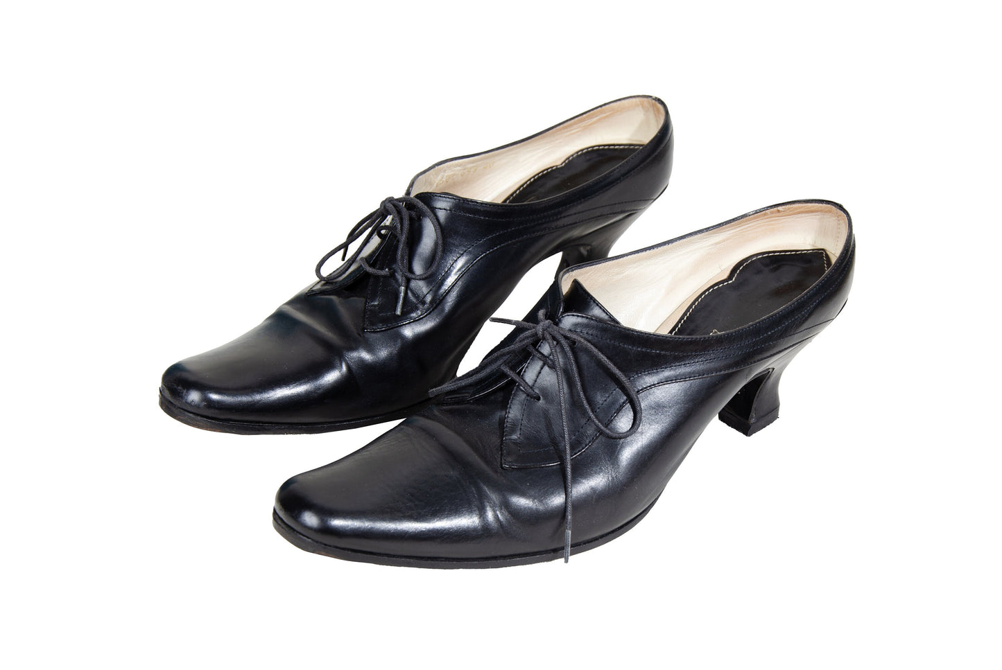 90s Dries Van Noten black leather Louis XV kitten heels lace up derbie mules / EU 40