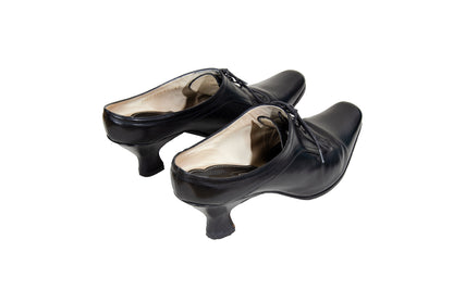 90s Dries Van Noten black leather Louis XV kitten heels lace up derbie mules / EU 40