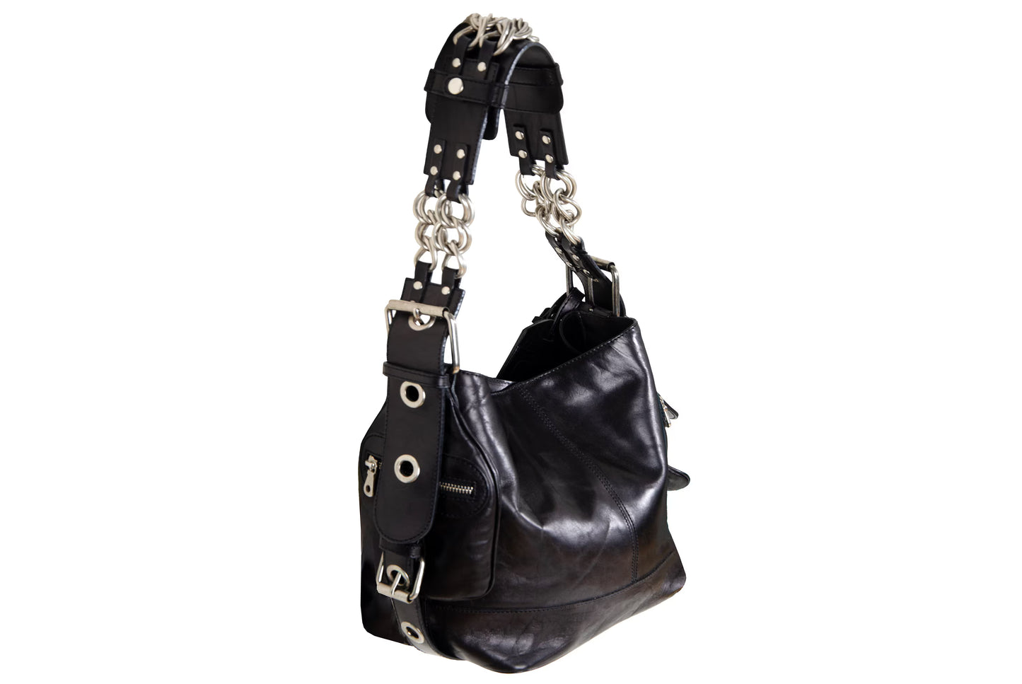 Vintage Chloé by Phoebe Philo black leather chain strap bag / 2004 Chloé leather and oversized chains bag / Made in Italy