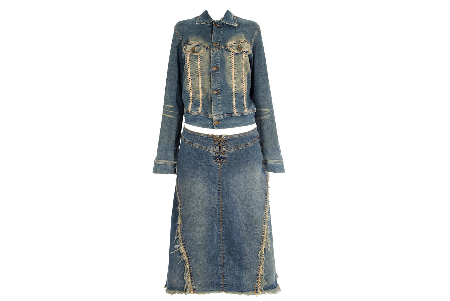 2000s Plein Sud two piece denim set / Jacket and skirt faded denim set / Made in France