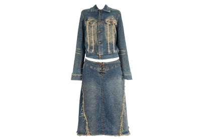 2000s Plein Sud two piece denim set / Jacket and skirt faded denim set / Made in France