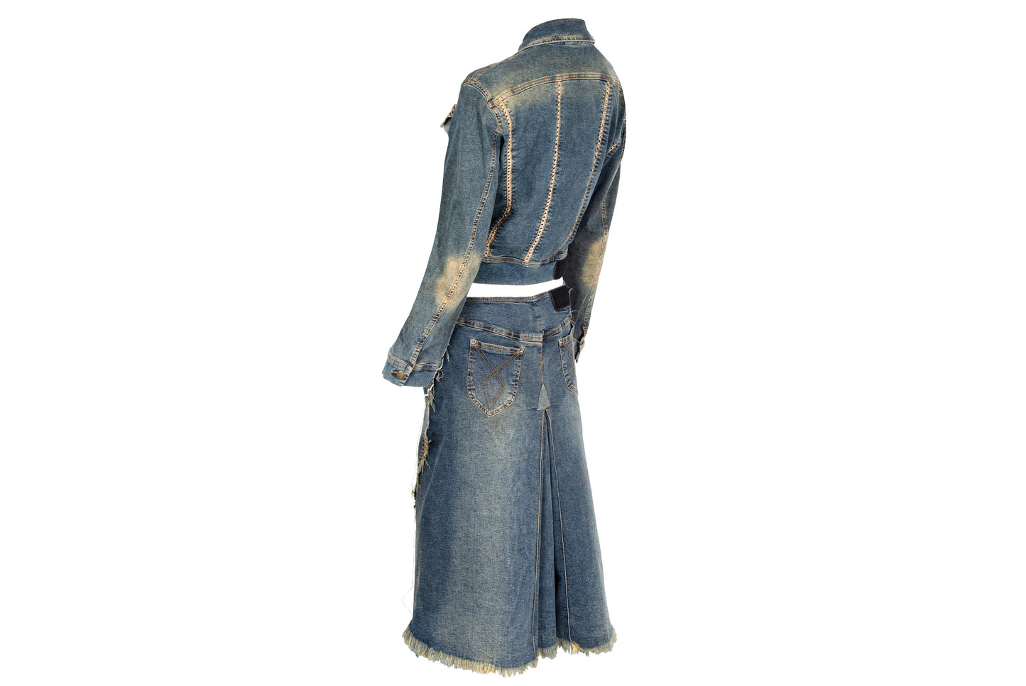 2000s Plein Sud two piece denim set / Jacket and skirt faded denim set / Made in France