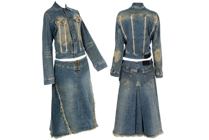 2000s Plein Sud two piece denim set / Jacket and skirt faded denim set / Made in France