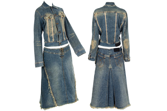 2000s Plein Sud two piece denim set / Jacket and skirt faded denim set / Made in France