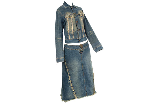 2000s Plein Sud two piece denim set / Jacket and skirt faded denim set / Made in France