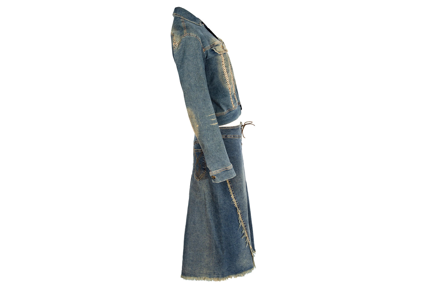 2000s Plein Sud two piece denim set / Jacket and skirt faded denim set / Made in France
