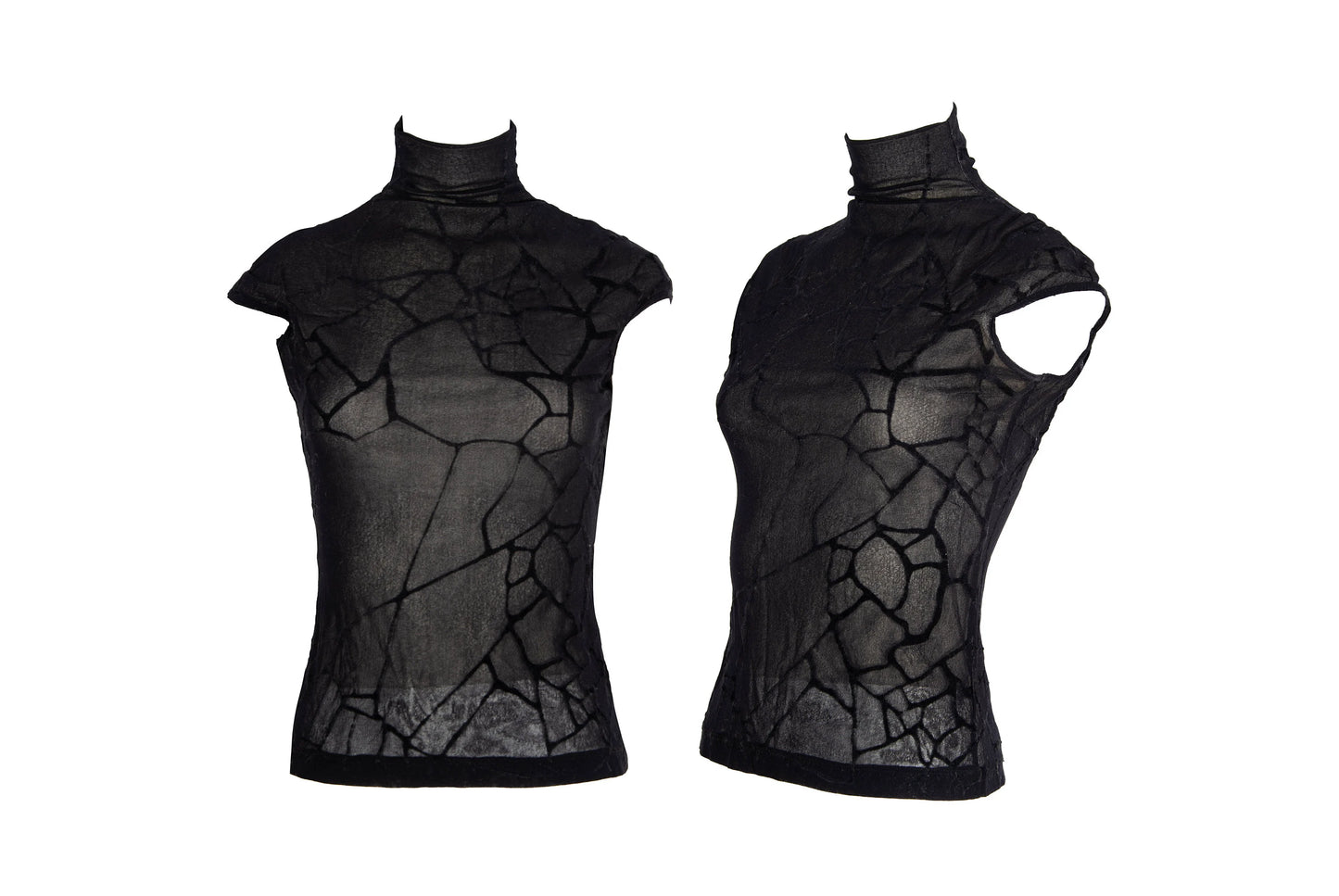 Vintage Plein Sud black marbled spider web mesh sleeveless mock neck top / Made in France