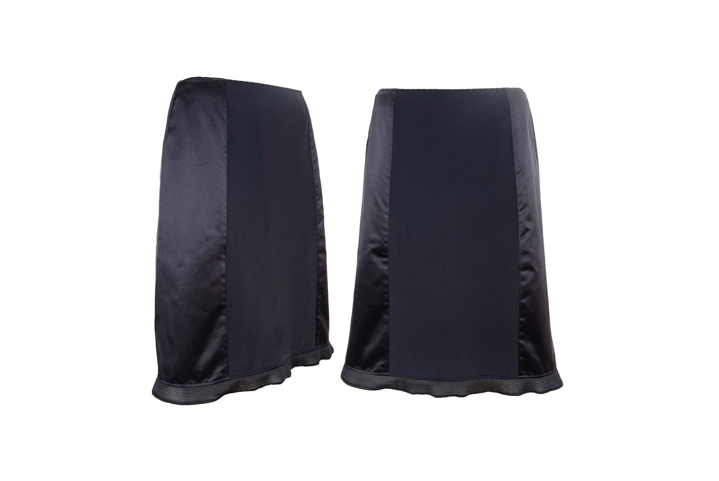 1999 Miu Miu technical silk satin and neoprene black skirt / 90s Miu Miu black silk mesh trim midi skirt / Made in Italy