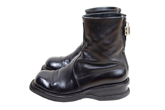 1990s archive Dirk Bikkembergs black leather back zip ankle boots / Wedge platform mountaineering boots / Dirk Bikkembergs ski boots