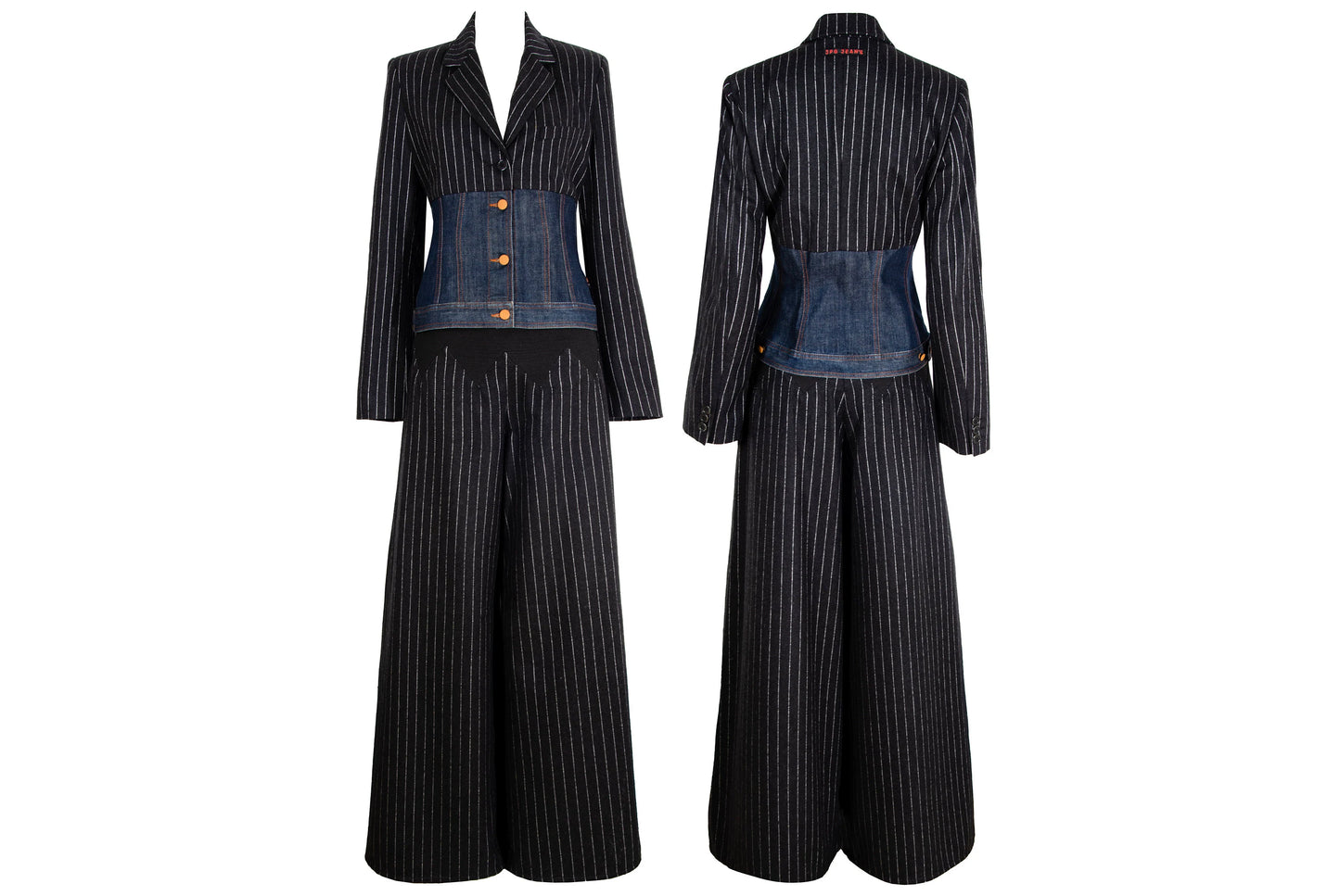 90s Jean Paul Gaultier denim corset hybrid split two piece suit / Made in Italy