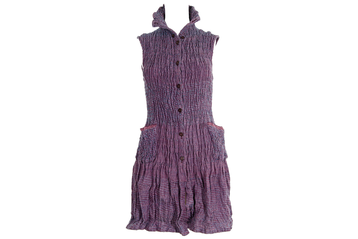 Vintage Akihiko Izukura silk wool and linen handwoven pleated button front sleeveless tunic / Handmade in Japan
