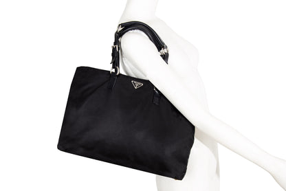 Vintage Prada black nylon bag with leather handles / Made in Italy