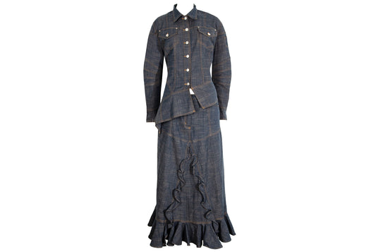 Vintage French brand two piece set / Denim corset jacket and maxi skirt / Made in France