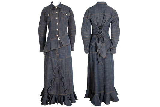 Vintage French brand two piece set / Denim corset jacket and maxi skirt / Made in France