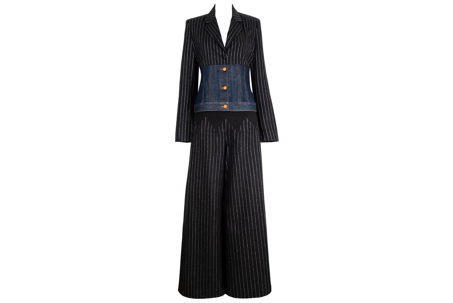 90s Jean Paul Gaultier denim corset hybrid split two piece suit / Made in Italy