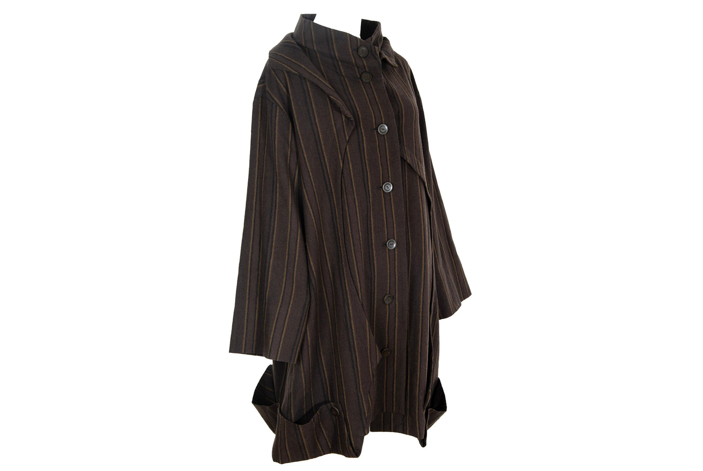 Vintage Japanese brand 100% wool brown striped button front asymmetrical avant garde coat / Made in Japan