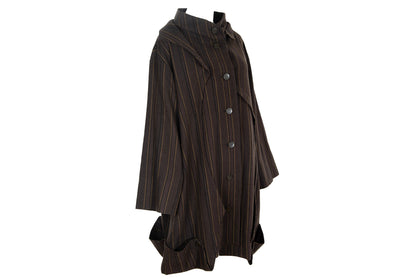 Vintage Japanese brand 100% wool brown striped button front asymmetrical avant garde coat / Made in Japan