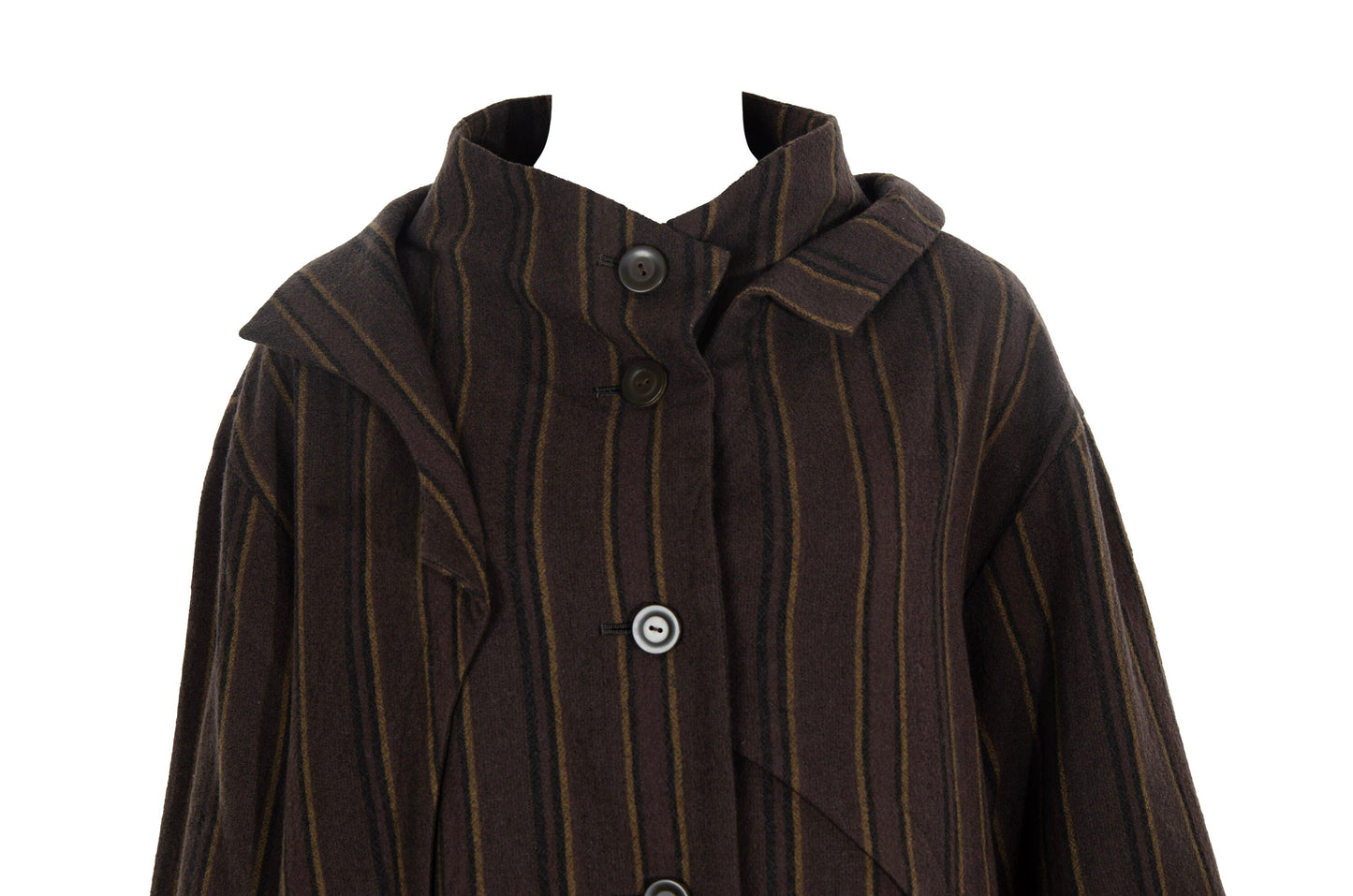 Vintage Japanese brand 100% wool brown striped button front asymmetrical avant garde coat / Made in Japan