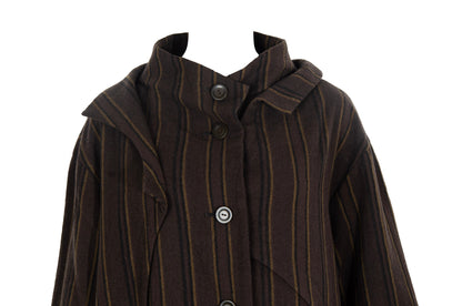 Vintage Japanese brand 100% wool brown striped button front asymmetrical avant garde coat / Made in Japan