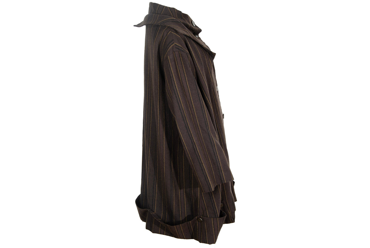 Vintage Japanese brand 100% wool brown striped button front asymmetrical avant garde coat / Made in Japan