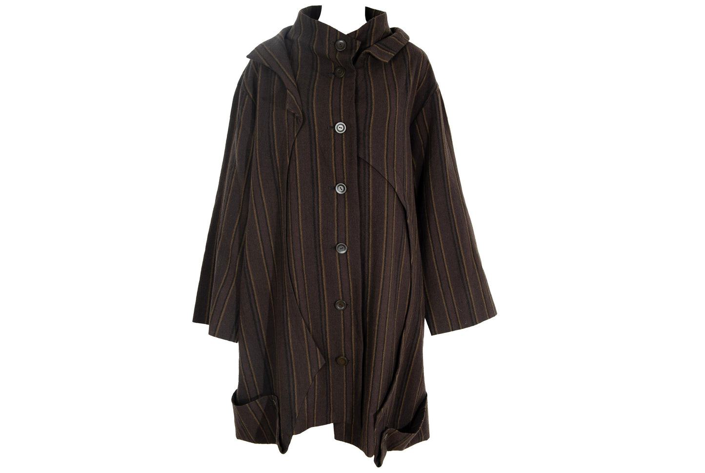 Vintage Japanese brand 100% wool brown striped button front asymmetrical avant garde coat / Made in Japan