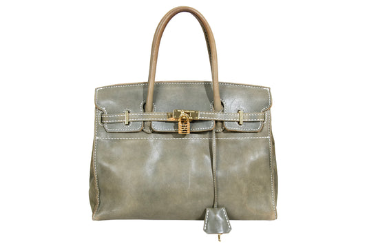 Vintage "Birkin" style Japanese brand faded khaki green leather oversized bag