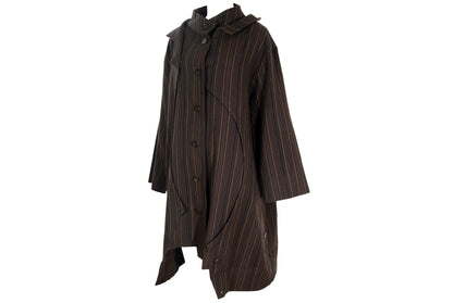 Vintage Japanese brand 100% wool brown striped button front asymmetrical avant garde coat / Made in Japan
