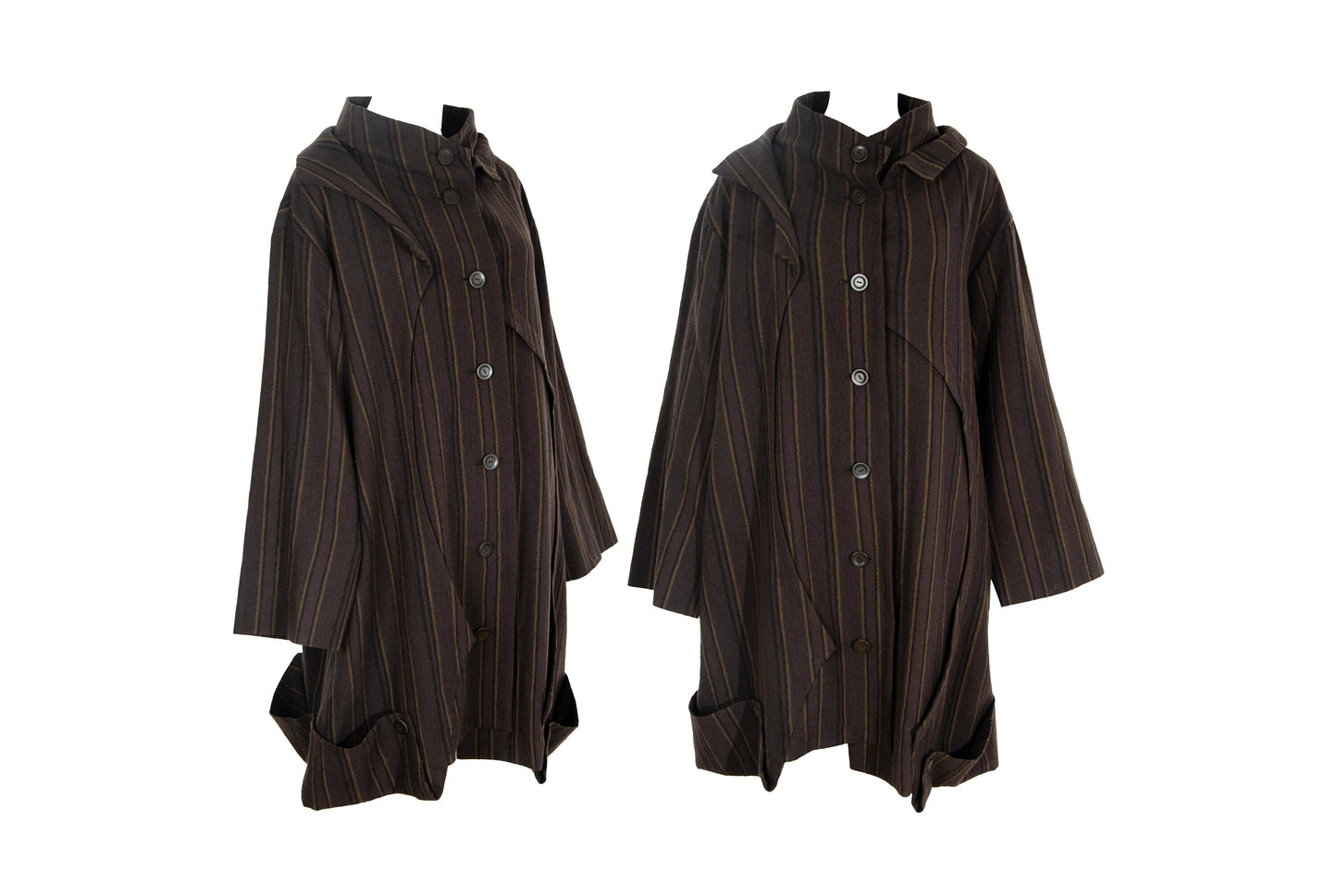 Vintage Japanese brand 100% wool brown striped button front asymmetrical avant garde coat / Made in Japan