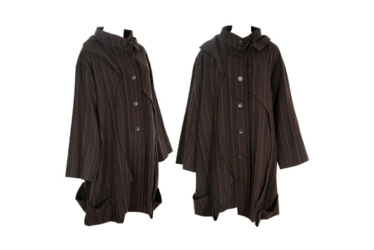 Vintage Japanese brand 100% wool brown striped button front asymmetrical avant garde coat / Made in Japan
