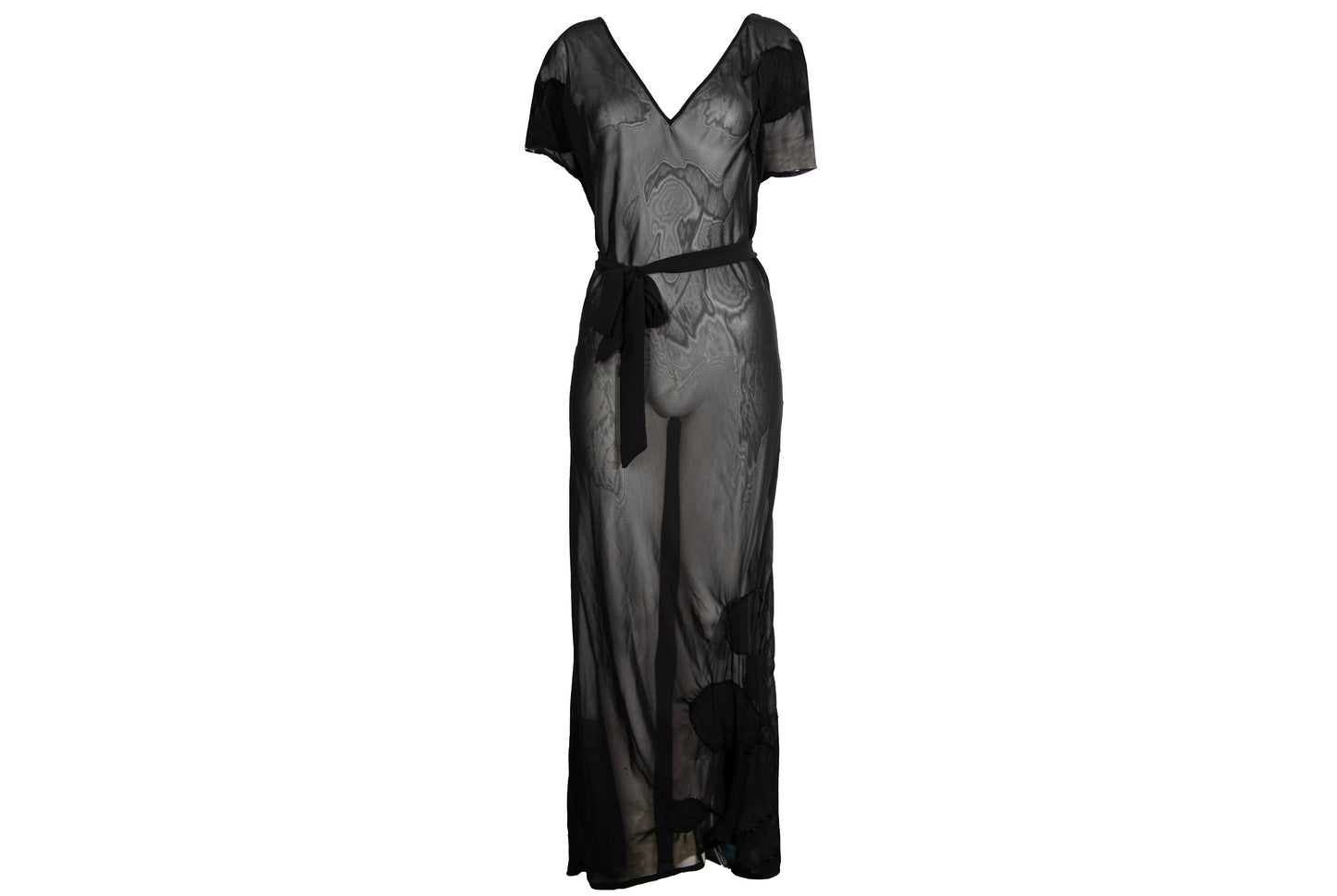 Vintage PierAntonioGaspari sheer mesh black maxi dress with geometric linen patches details / Made in Italy