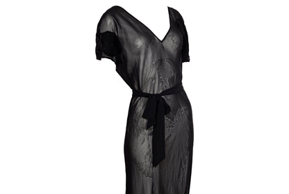 Vintage PierAntonioGaspari sheer mesh black maxi dress with geometric linen patches details / Made in Italy