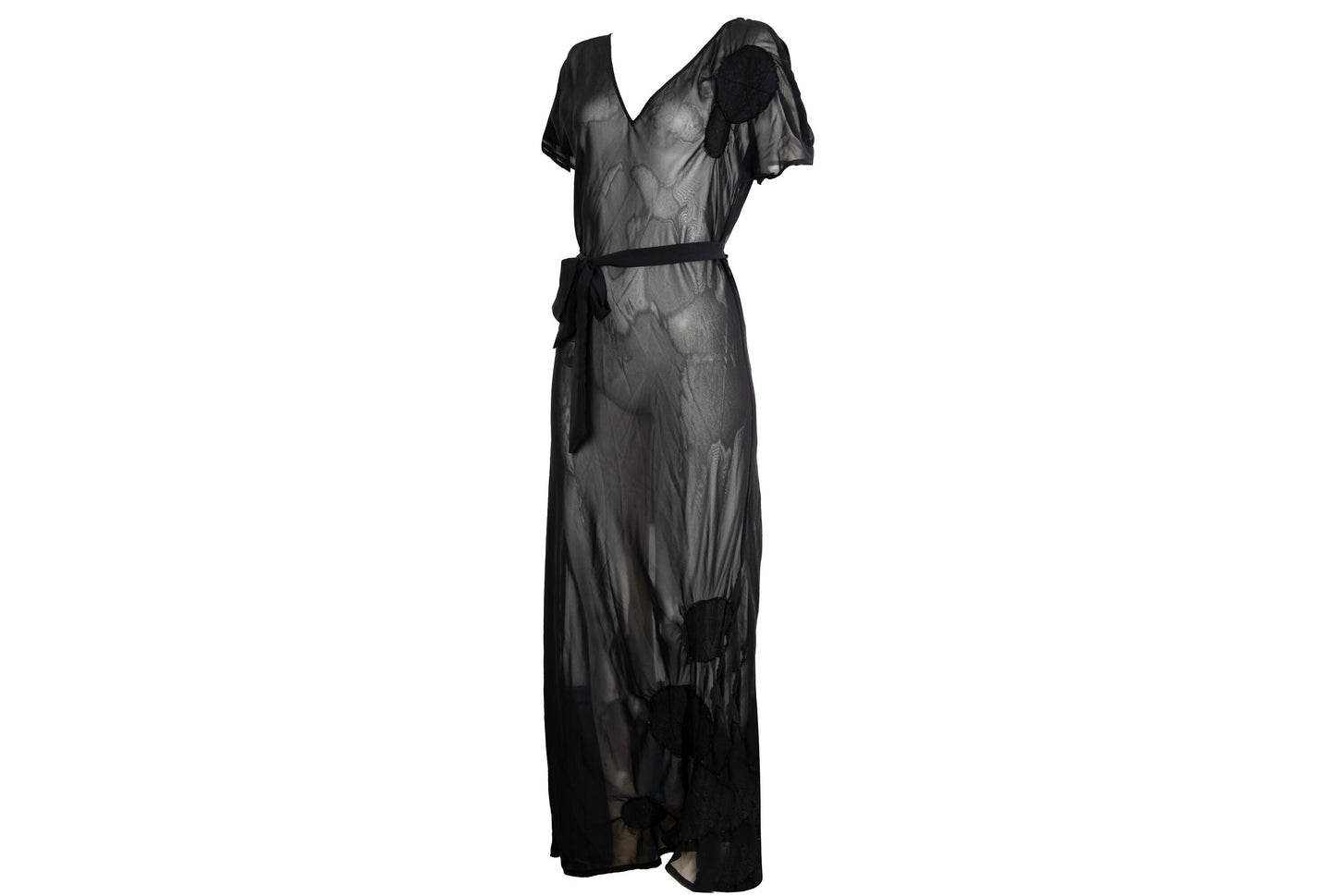 Vintage PierAntonioGaspari sheer mesh black maxi dress with geometric linen patches details / Made in Italy