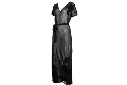 Vintage PierAntonioGaspari sheer mesh black maxi dress with geometric linen patches details / Made in Italy