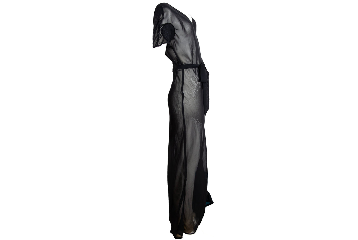 Vintage PierAntonioGaspari sheer mesh black maxi dress with geometric linen patches details / Made in Italy