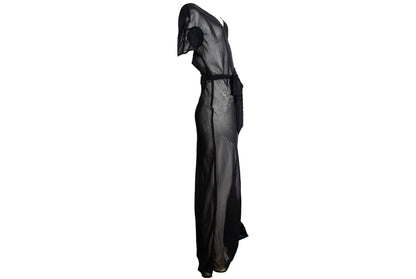 Vintage PierAntonioGaspari sheer mesh black maxi dress with geometric linen patches details / Made in Italy
