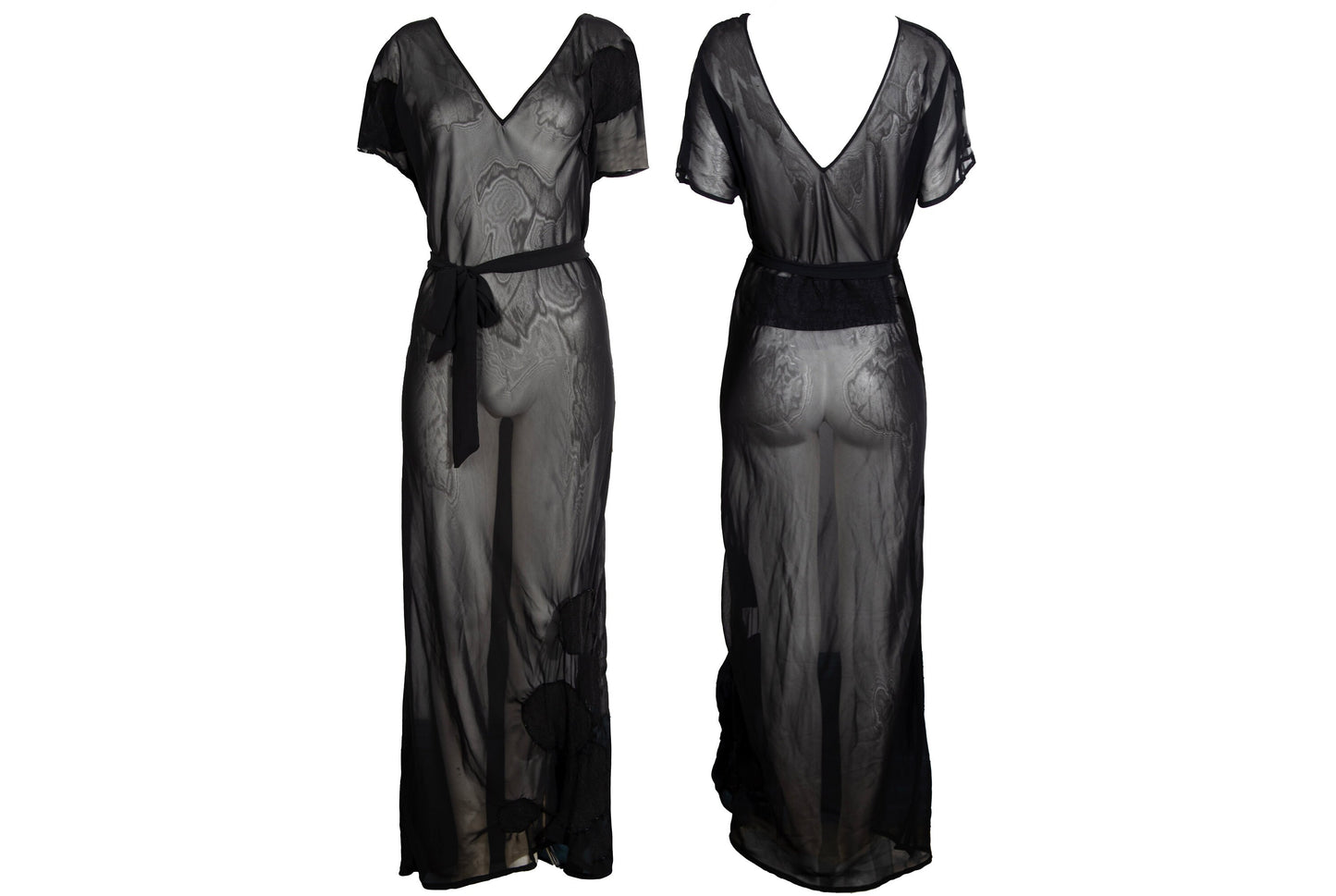 Vintage PierAntonioGaspari sheer mesh black maxi dress with geometric linen patches details / Made in Italy