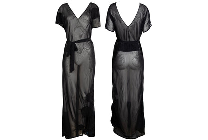 Vintage PierAntonioGaspari sheer mesh black maxi dress with geometric linen patches details / Made in Italy