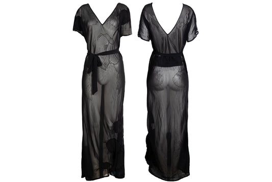 Vintage PierAntonioGaspari sheer mesh black maxi dress with geometric linen patches details / Made in Italy